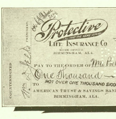 The first claim check written by Protective Life in 1909