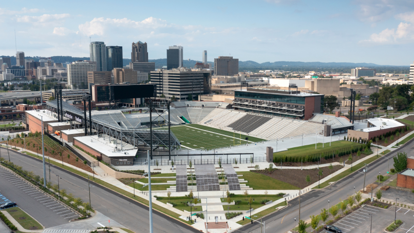Protective Stadium as seen from above with downtown Birmingham skyline visible in background