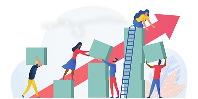 Diverse people working together to build a bar chart moving up and to the right illustration