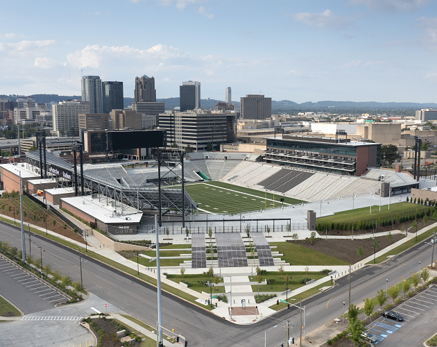 Protective Stadium as seen from above with downtown Birmingham skyline visible in background
