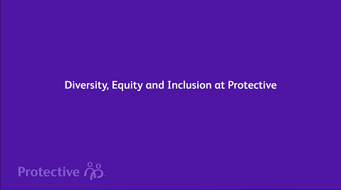 Diversity, equity and inclusion at Protective in white text on indigo background with transparent Protective logo in bottom left corner
