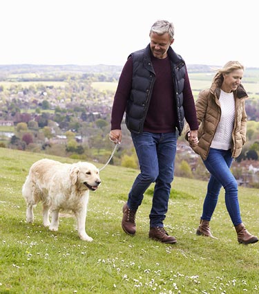 Middle-aged couple walking dog 