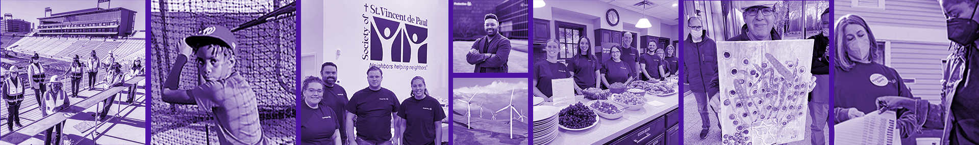 Eight photos with purple tint showing Protective employees and community volunteers