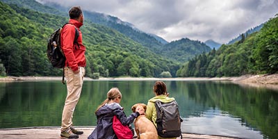 Active family on the bank of a lake looking at the view. 