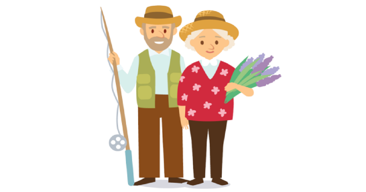 Illustration of senior man with fishing pole and woman holding flowers.