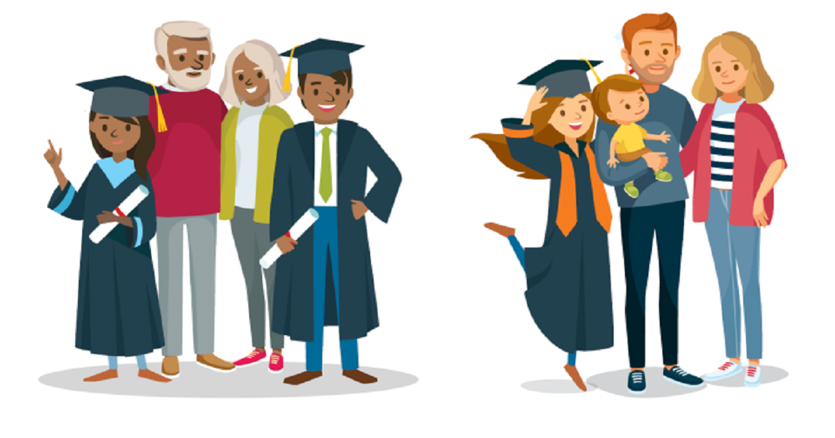 Illustration of two families posing with happy college graduates.
