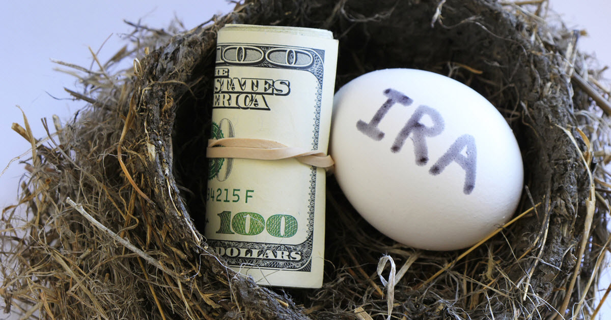 An IRA "nest egg" and roll of one hundred dollar bills placed in a bird's nest