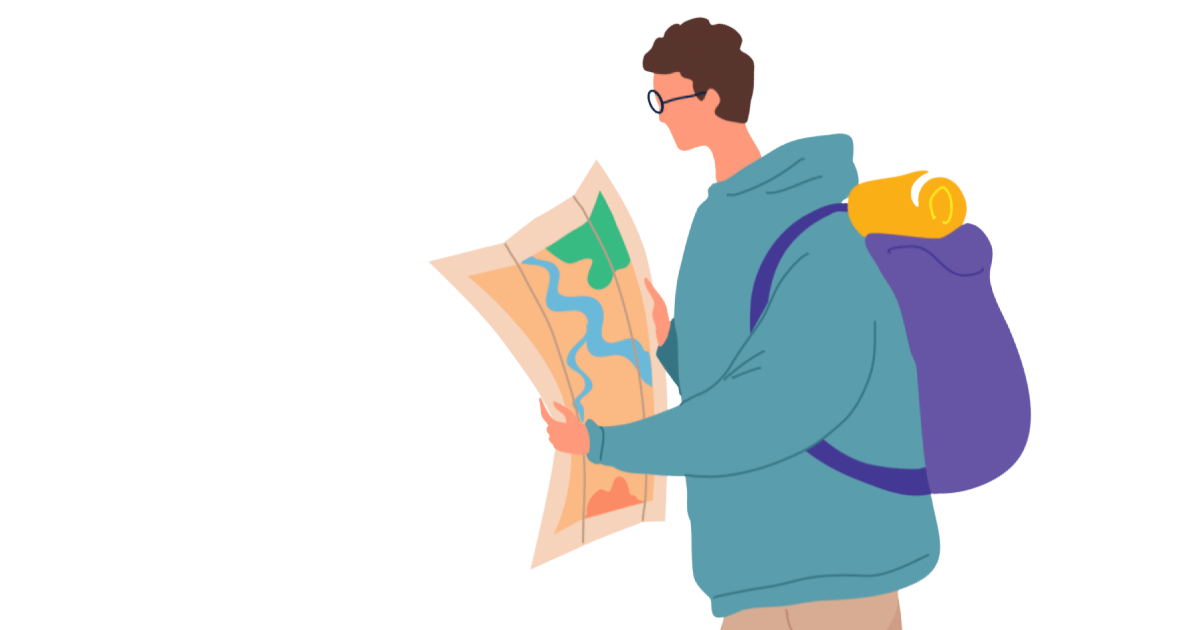 Illustrated man wearing backpack and holding map