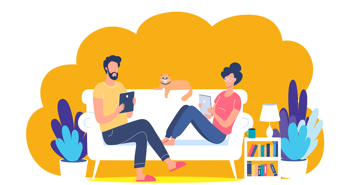 Illustrated man and woman sitting on couch