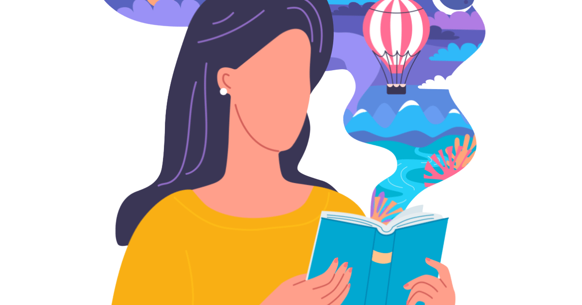 Illustrated woman holding an open book with visions of dreams coming out of it