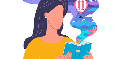 Illustrated woman holding open book