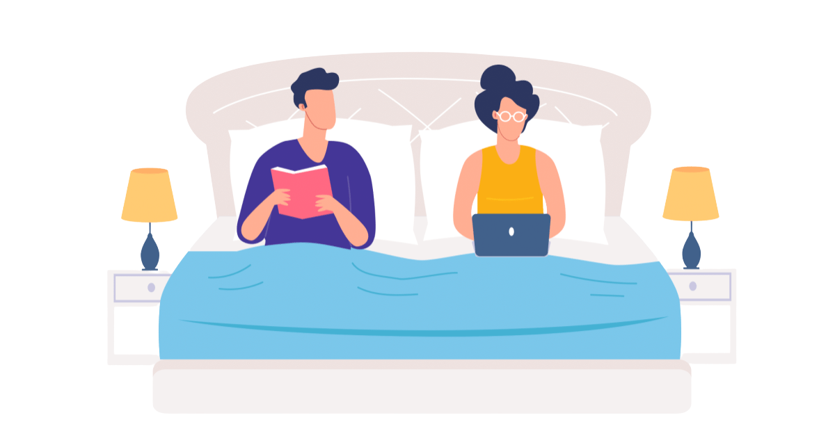 Illustrated man and woman in bed holding book and using laptop