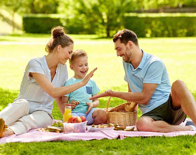 Family with young boy enjoys a picnic together at the park