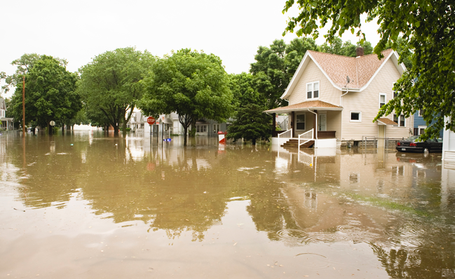 Iowa neighborhood underwater due to flooding.