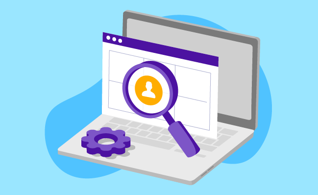 An illustration of a magnifying glass and a laptop.